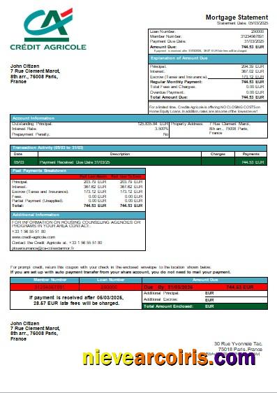 France Credite Agricole Bank mortgage statement
